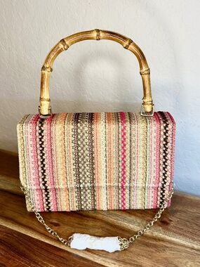 D'margeaux Striped Mini Bag with Bamboo Handle and Gold-Tone Chain, NWOT